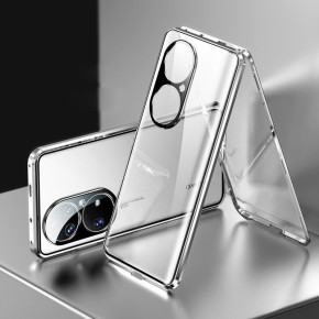 Луксозен алуминиев бъмпър от 2 части с магнити и стъклен протектор лице и гръб Magnetic Hardware Case за Huawei P50 ABR-AL00 / Huawei P50 ABR-LX9 сребрист  